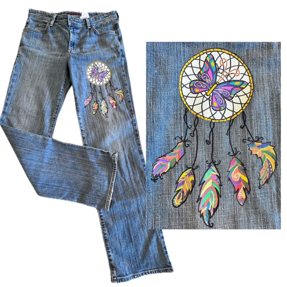 Eddie Bauer Up_cycled 2007 Classic Fit Bootcut Jeans Sz 8 **Dreamcatcher design